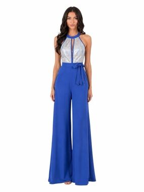 bebe Silver & Royal Blue Halter Wide-Leg Jumpsuit with Tie Waist